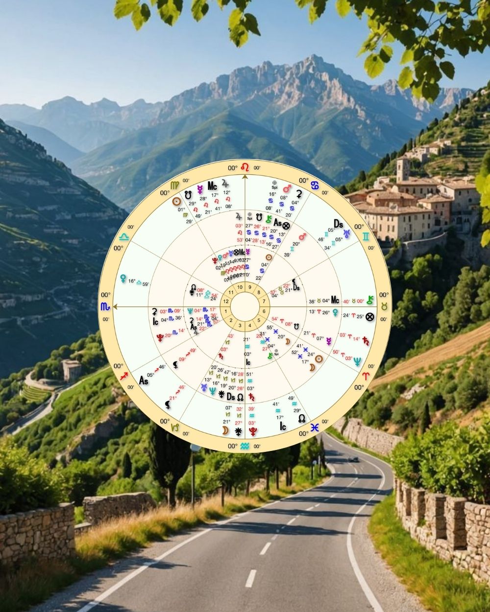 Carta astrológica sobre un camino de montaña hacia un pueblo