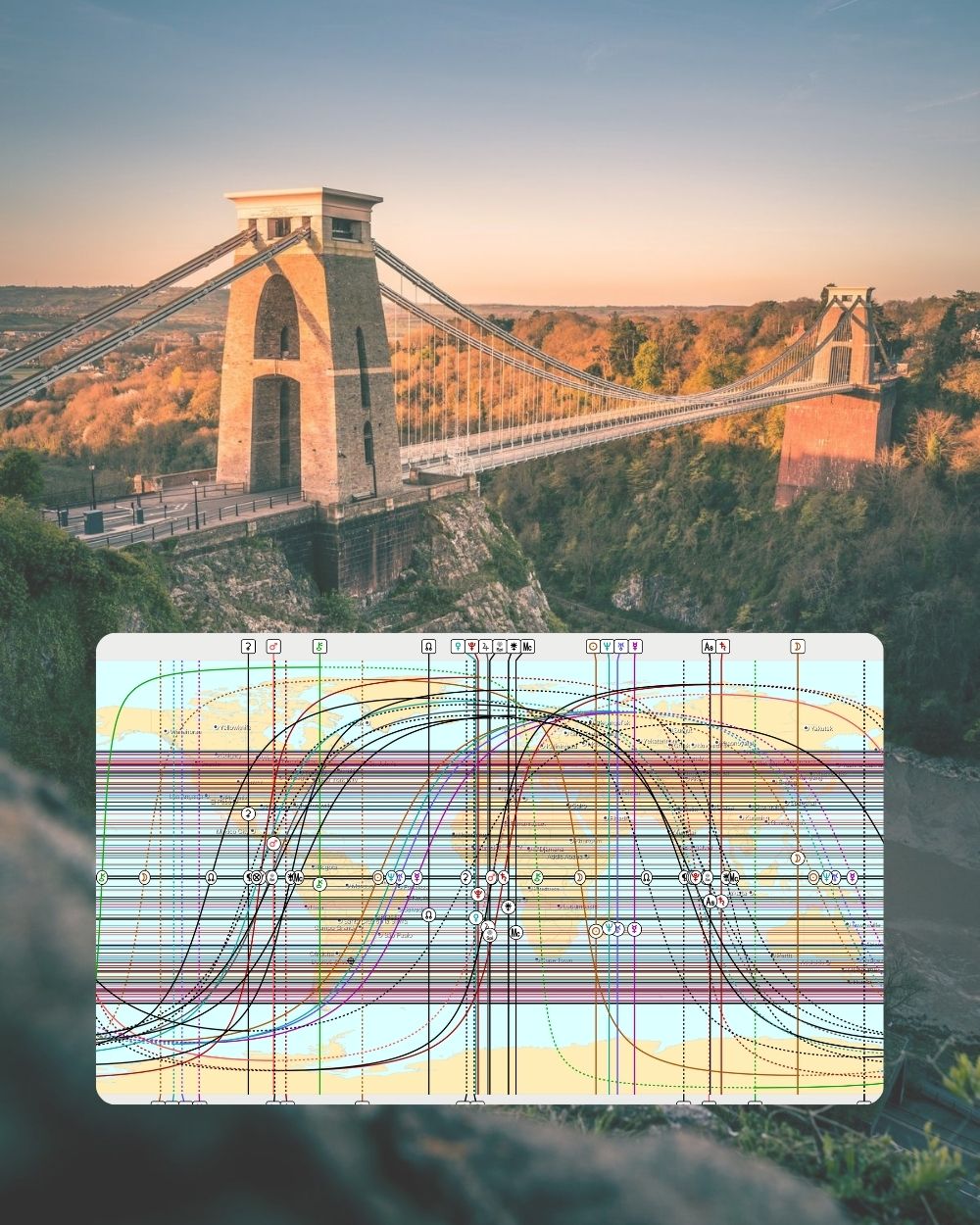 Mapa astrocartográfico sobre la vista de un puente al atardecer